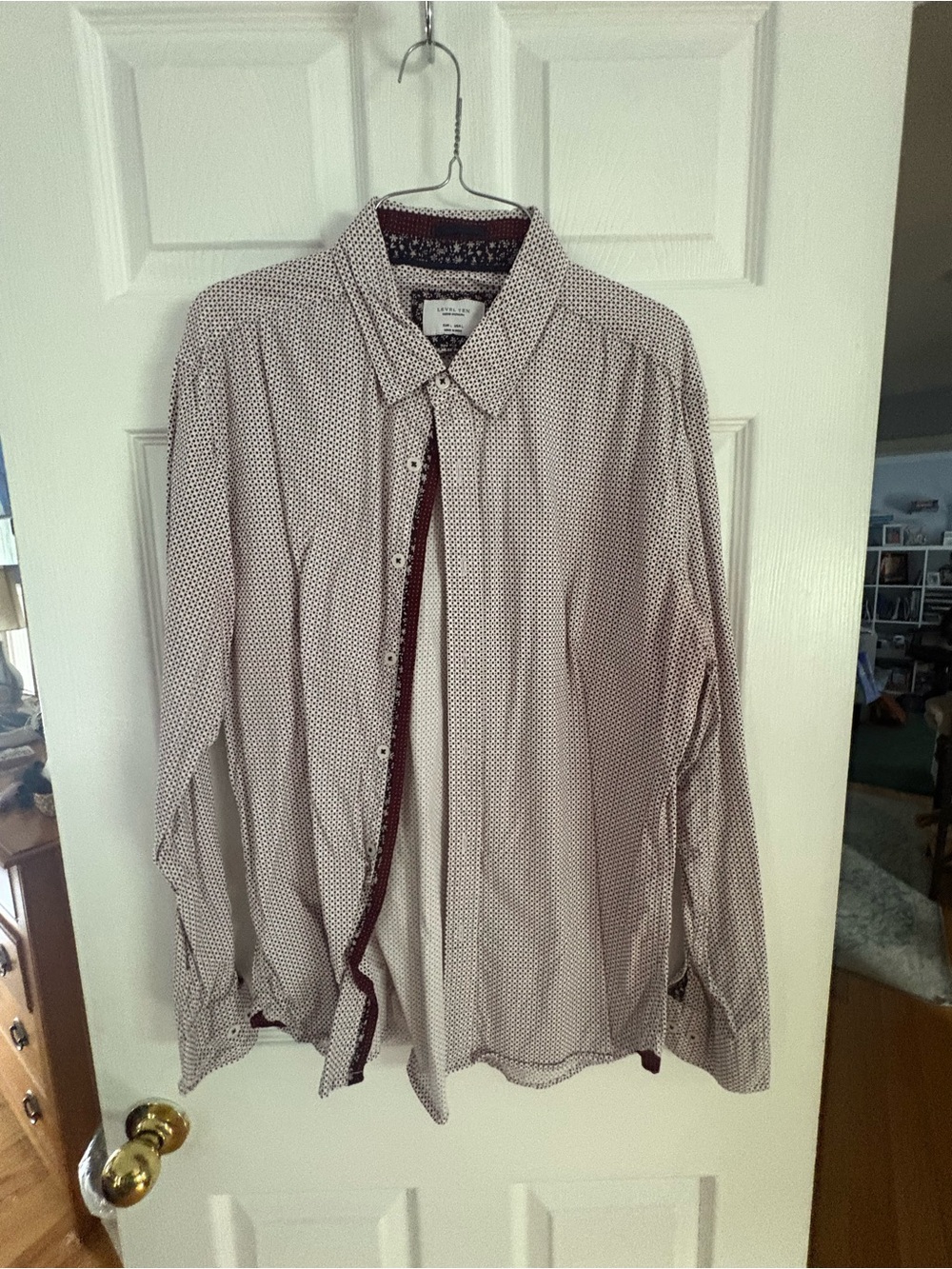 Men's Casual Button-Down Shirt in White with Red Microdot